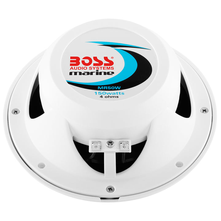 Pair of Boss Audio MR50 5.25-inch round white speakers showing the speaker cones and mounting frames.
