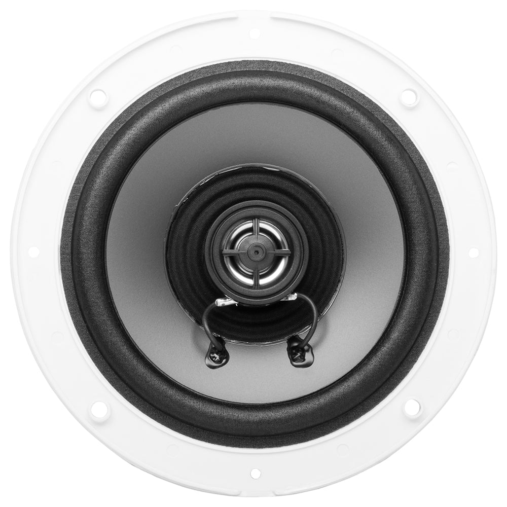 Pair of Boss Audio MR60 6.5-inch white round speakers showing their sleek design and speaker cones.