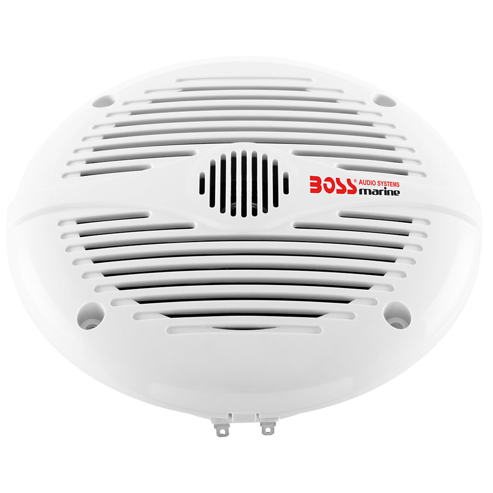 Pair of Boss Audio MR60 6.5-inch white round speakers showing the front view with grille and mounting details