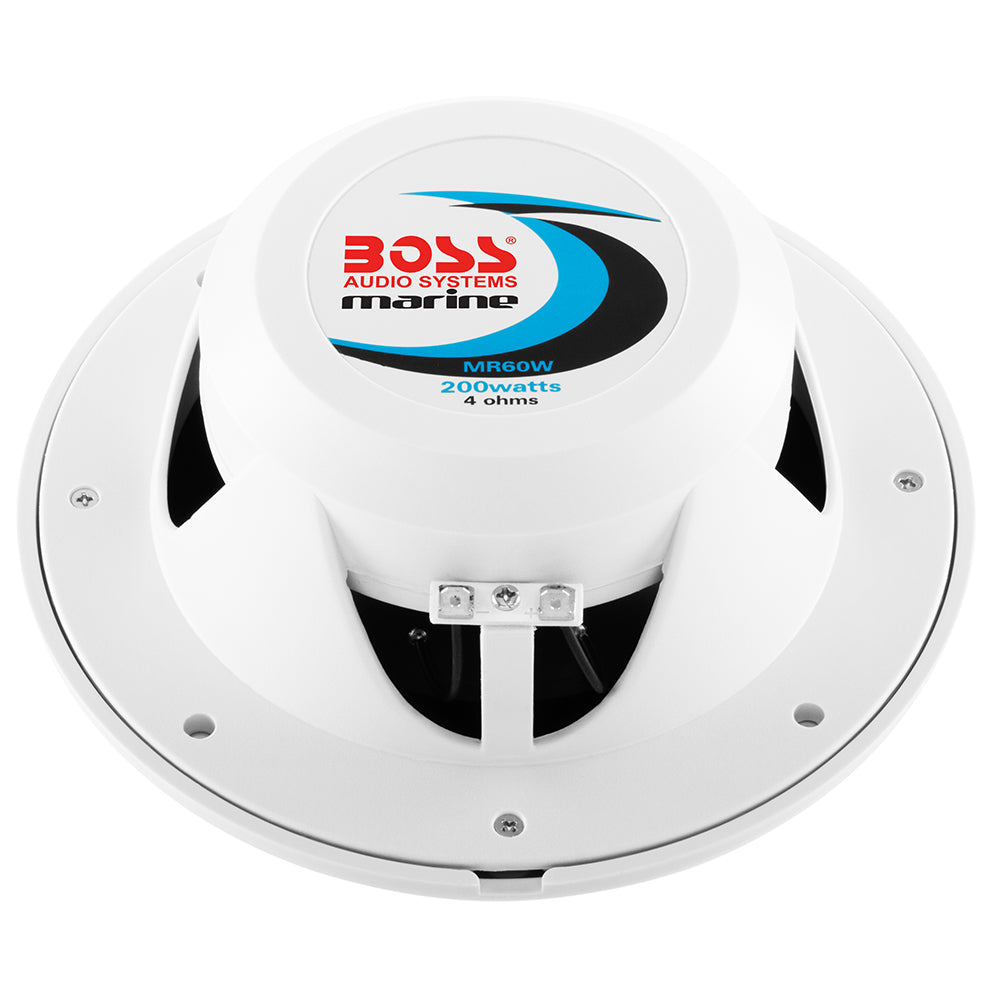 Pair of Boss Audio MR60 6.5-inch round white speakers showing the sleek circular design and white speaker cones.