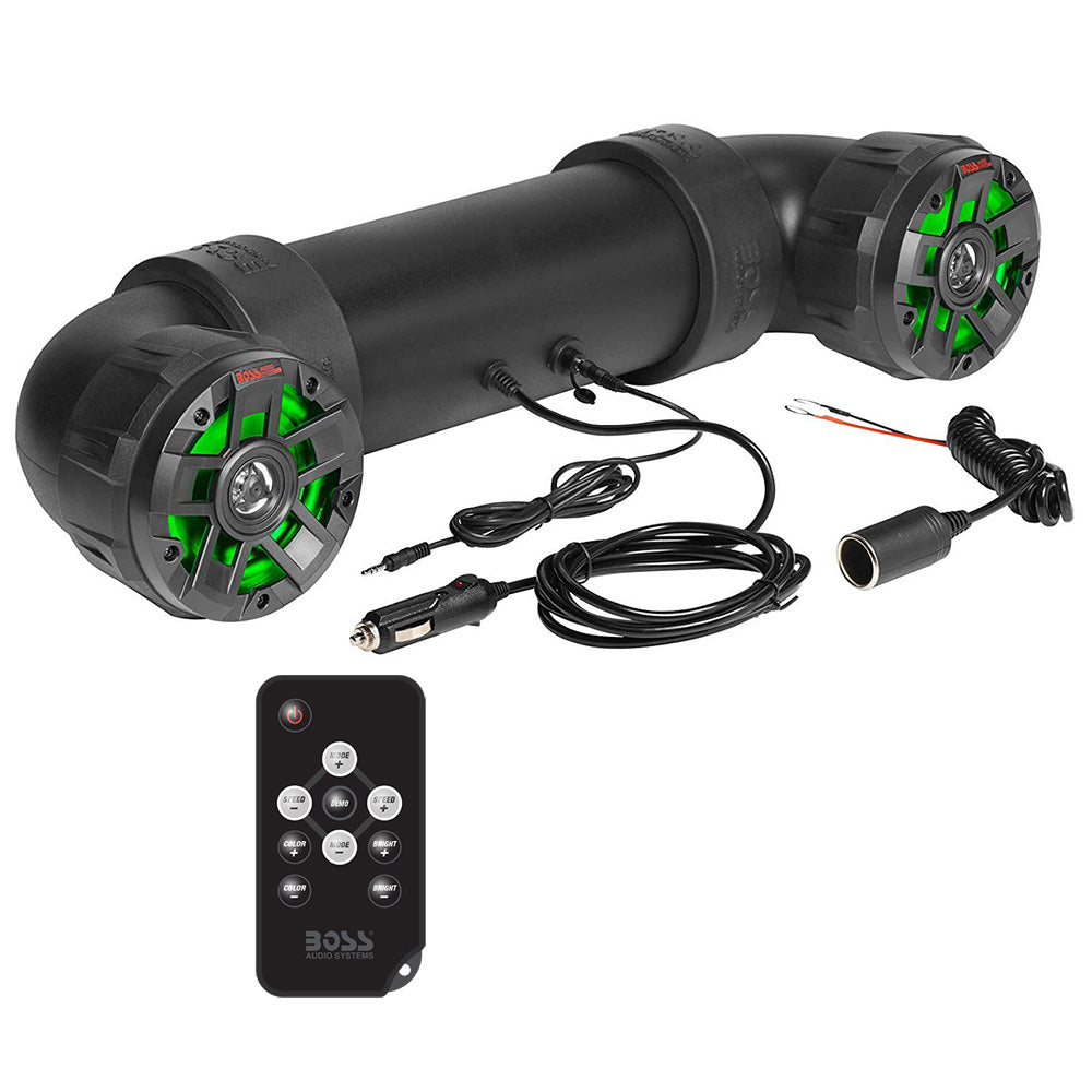 Boss Audio UTV4BRGB all-terrain sound system with 4-inch marine speakers and black tweeters for rugged outdoor audio.