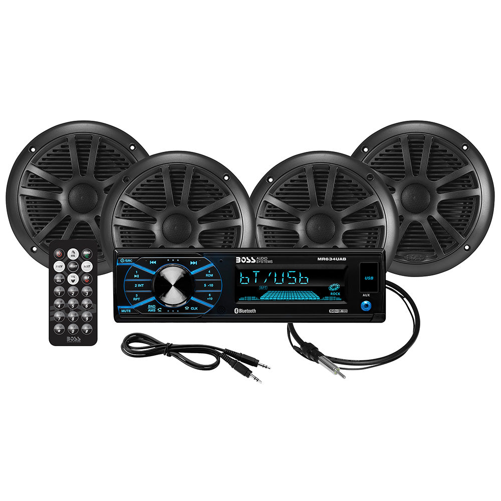 Boss Audio MCBK634B.64 stereo kit with 4 MR6B speakers, MR634UAB unit, and MRANT10 antenna for car audio system.