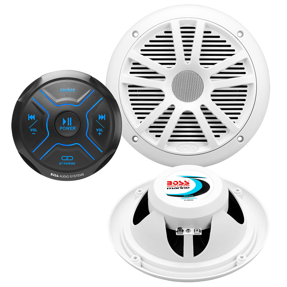 Boss Audio MG150W.6 stereo kit with two MR6W speakers and MGR150B amplifier, featuring high-quality car audio components.