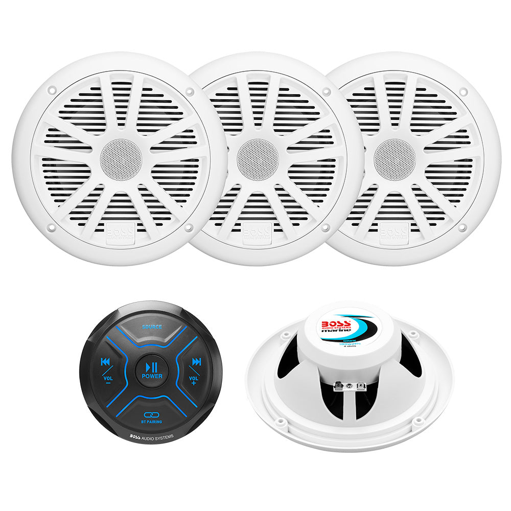 Boss Audio MG250W.64 stereo kit with MGR150B amplifier and two pairs of MR6W speakers for car audio installation.