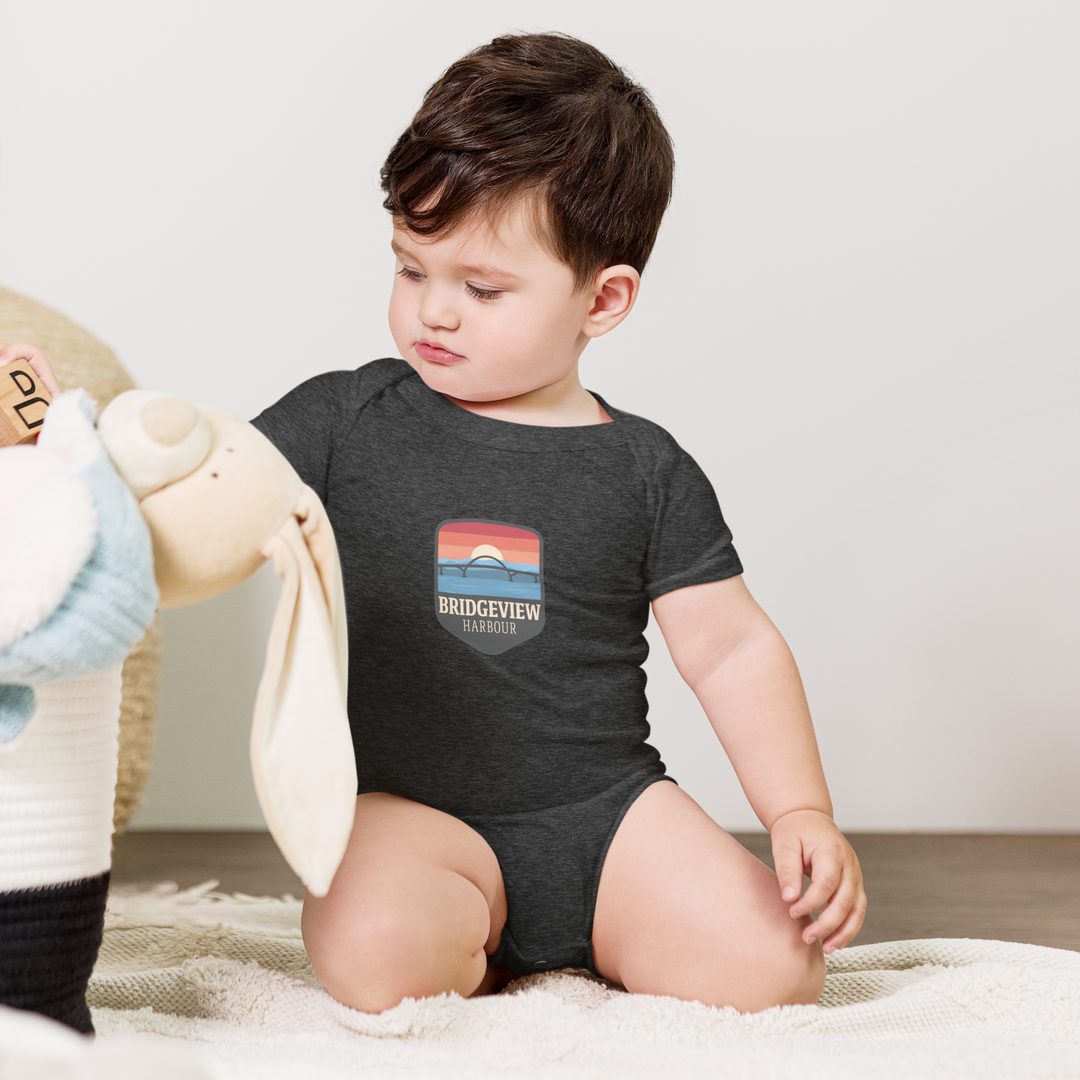 Black Little Sailor Bridgeview Harbor Marina short sleeve onesie for infants, featuring nautical sailor design and comfortable cotton fabric.