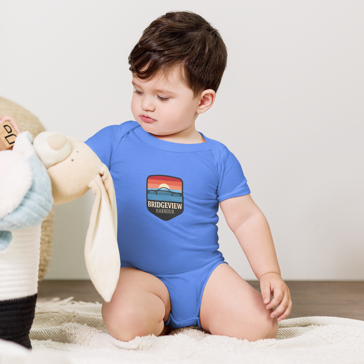 Black Little Sailor Bridgeview short sleeve onesie for infants, featuring nautical design from Bridgeview Harbour Marina.