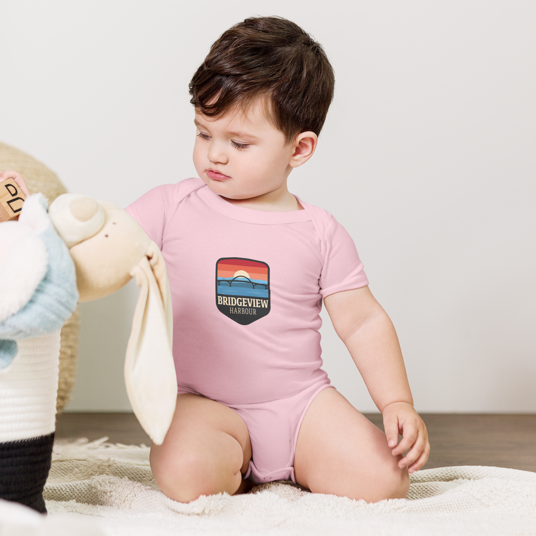 Black Little Sailor Bridgeview short sleeve onesie for infants, featuring nautical design and comfortable cotton fabric.