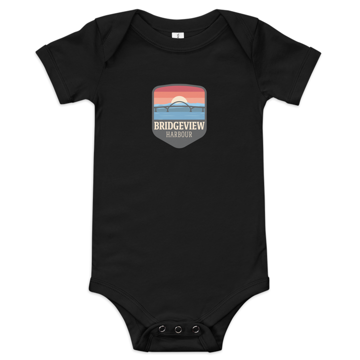 Black Little Sailor Bridgeview Harbour Marina short sleeve onesie for 3-6 months, featuring nautical sailboat design.