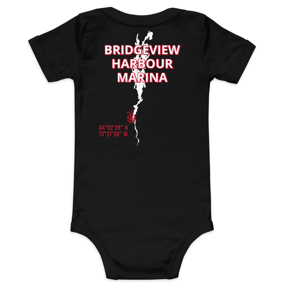 Black Little Sailor Bridgeview Harbour Marina short sleeve onesie for 3-6 months, featuring nautical design and comfortable cotton fabric.