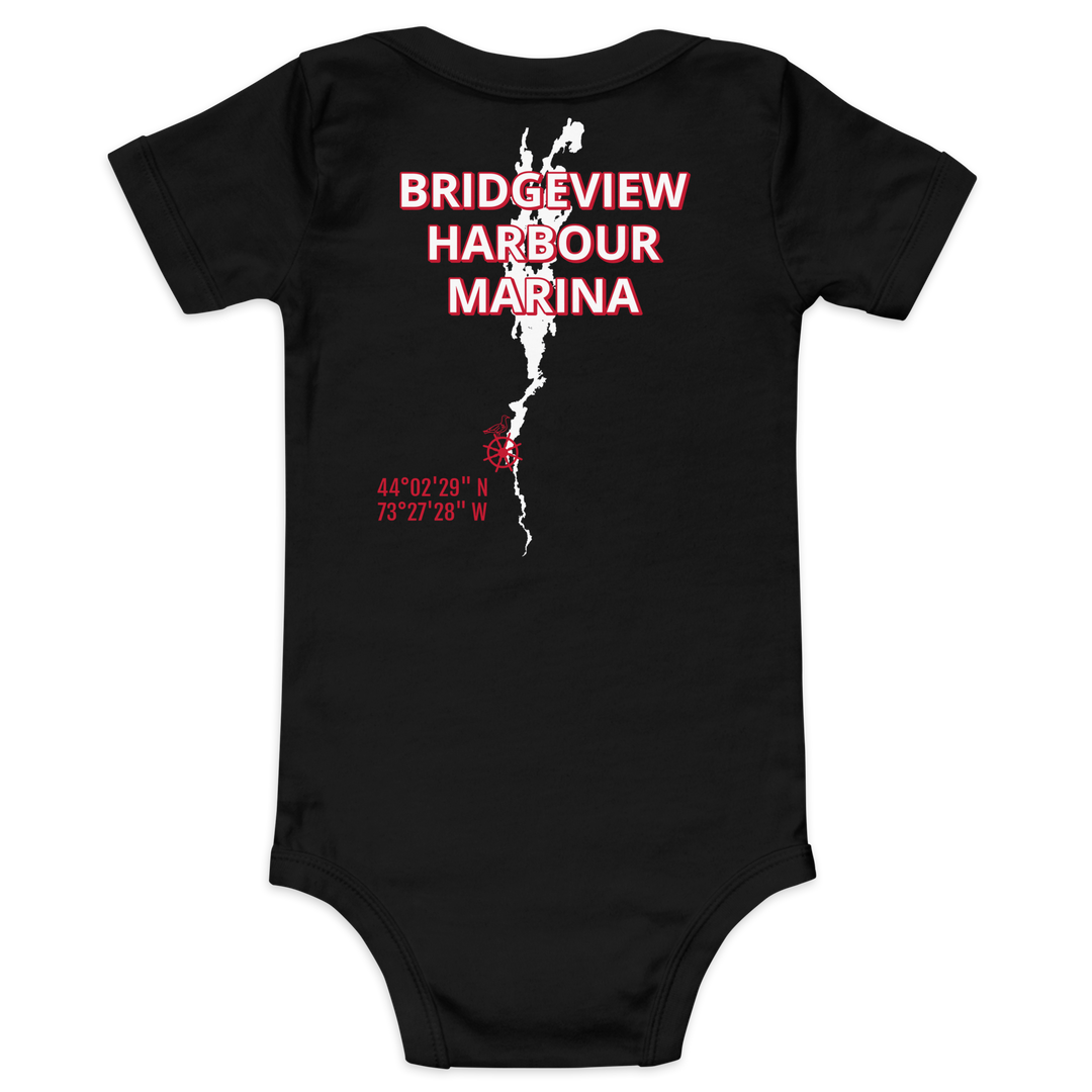 Black Little Sailor Bridgeview Harbour Marina short sleeve onesie for 3-6 months, featuring nautical design and comfortable cotton fabric.