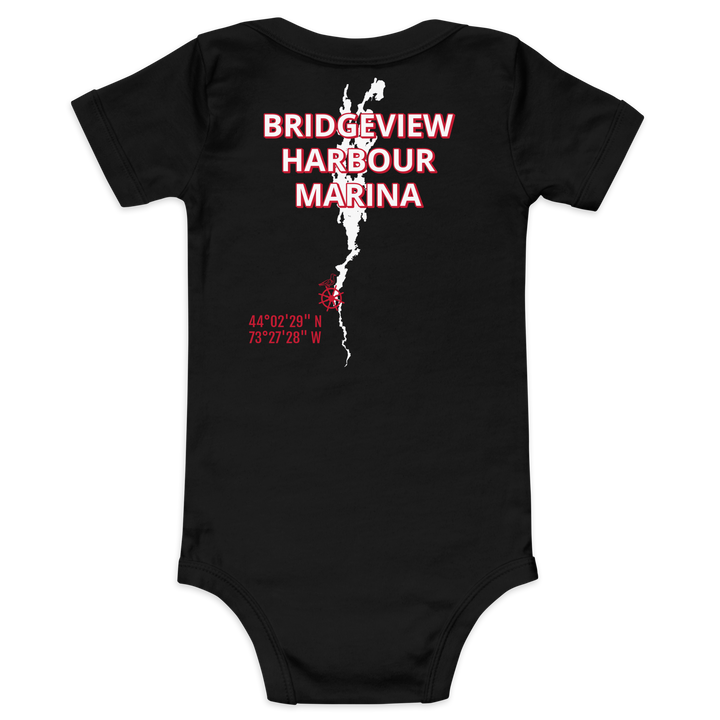 Black Little Sailor Bridgeview Harbour Marina short sleeve onesie for 3-6 months, featuring nautical design and comfortable cotton fabric.