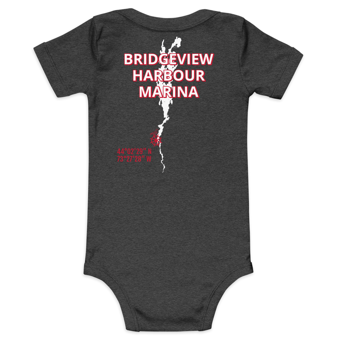 Black Little Sailor Bridgeview Harbour Marina short sleeve onesie for infants, featuring nautical sailor design and comfortable cotton fabric.