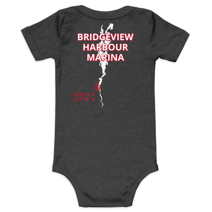 Black Little Sailor Bridgeview Harbour Marina short sleeve onesie for infants, featuring nautical sailor design and comfortable cotton fabric.