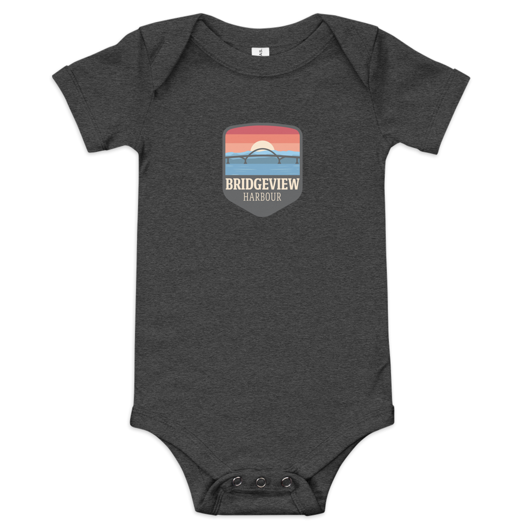 Black Little Sailor Bridgeview Harbour Marina short sleeve onesie for 3-6 months baby, featuring nautical sailor design.