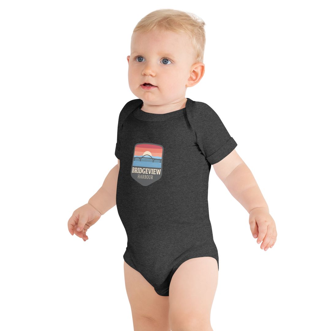 Black Little Sailor Bridgeview Harbour Marina short sleeve onesie for 3-6 months, featuring nautical sailor design.