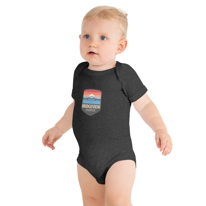 Black Little Sailor Bridgeview Harbour Marina short sleeve onesie for 3-6 months, featuring nautical sailor design.
