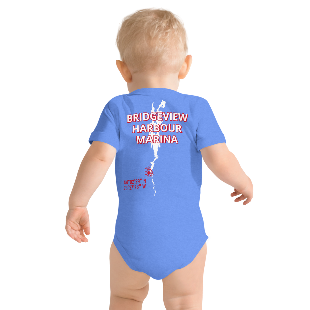 Black Little Sailor Bridgeview Harbour Marina short sleeve onesie for 3-6 months, made of soft fabric, featuring nautical sailor design.