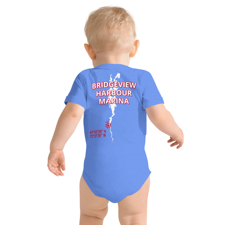 Black Little Sailor Bridgeview Harbour Marina short sleeve onesie for 3-6 months, made of soft fabric, featuring nautical sailor design.