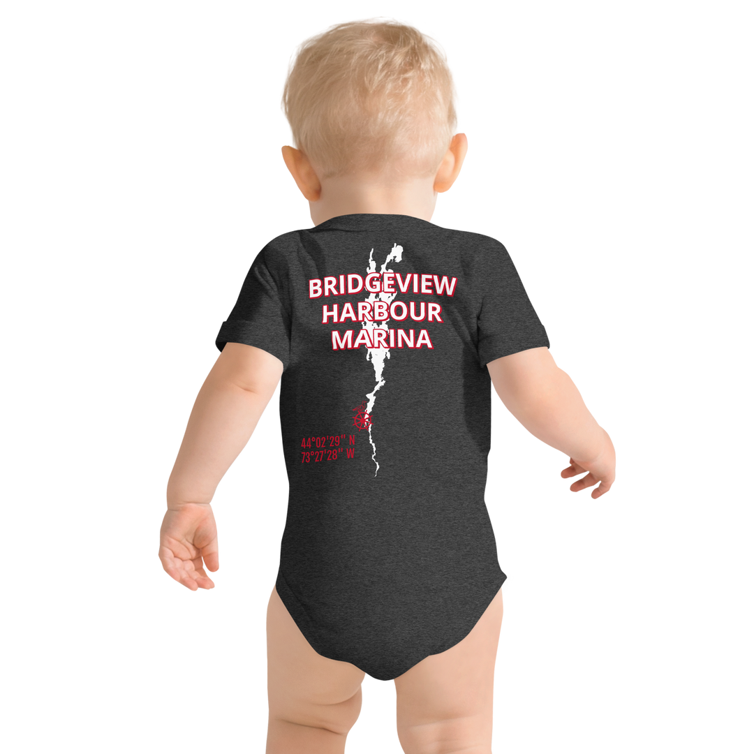 Black Little Sailor Bridgeview Harbour Marina short sleeve onesie for 3-6 months, featuring a nautical sailor design.