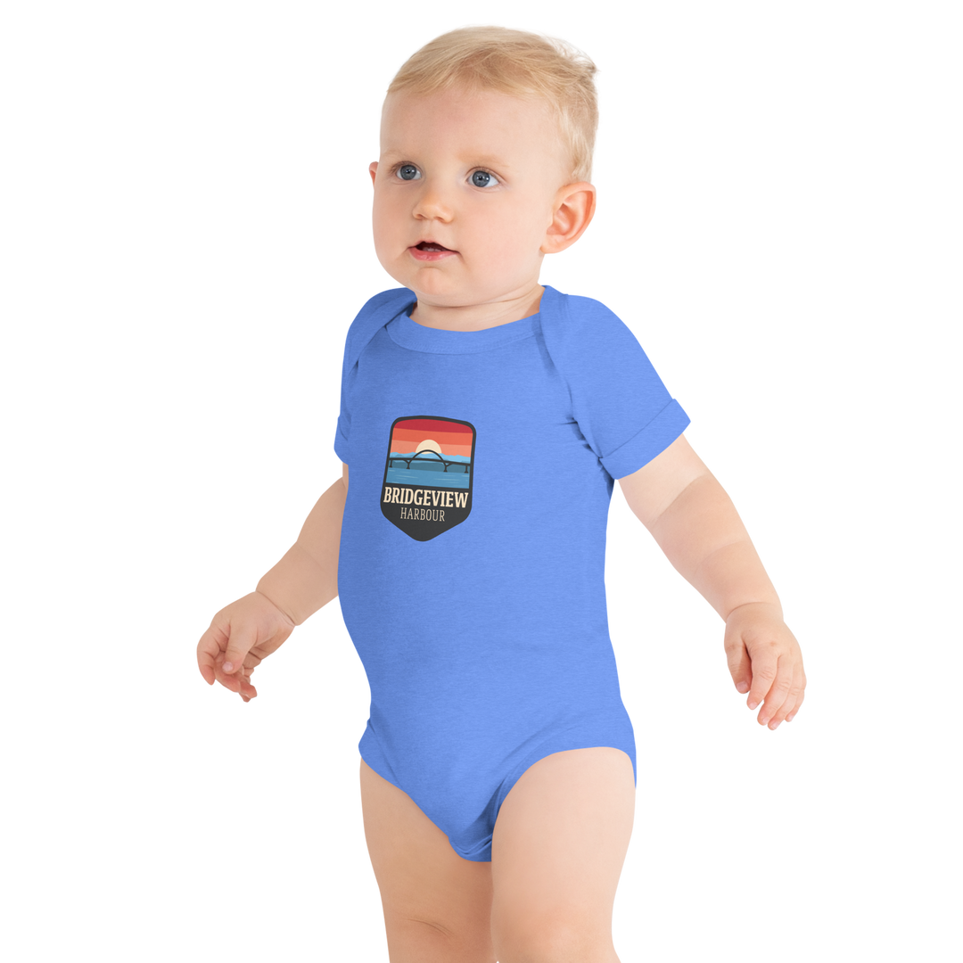 Black Little Sailor Bridgeview Harbour Marina short sleeve onesie for 3-6 months, made of soft, comfortable baby apparel fabric.