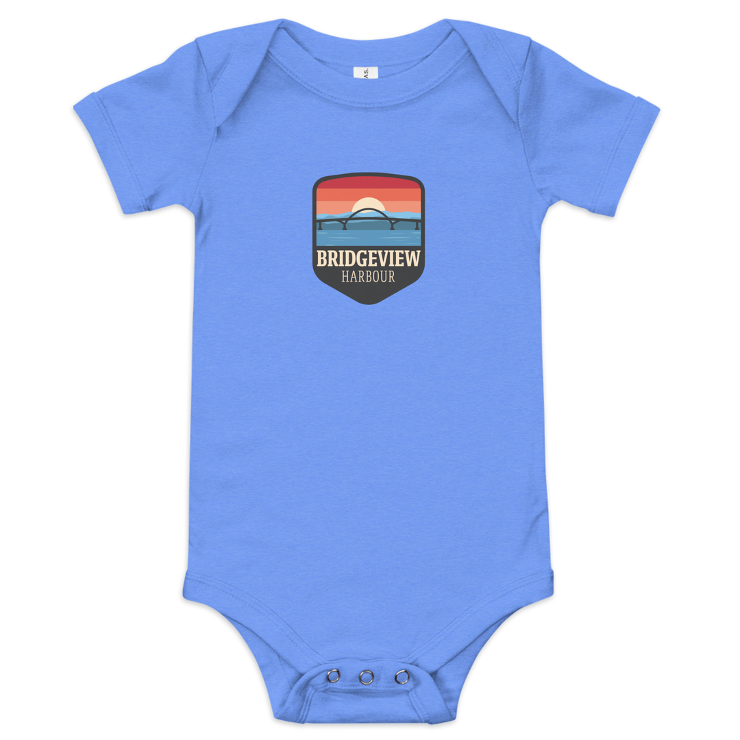 Black Little Sailor Bridgeview Harbour Marina short sleeve onesie for 3-6 months, featuring nautical sailor design and comfortable cotton fabric.
