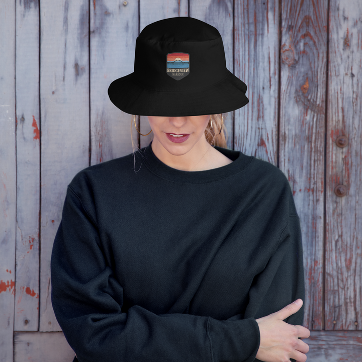 Black embroidered bucket hat with BVH logo from Bridgeview Harbour Marina, casual apparel accessory for sun protection.