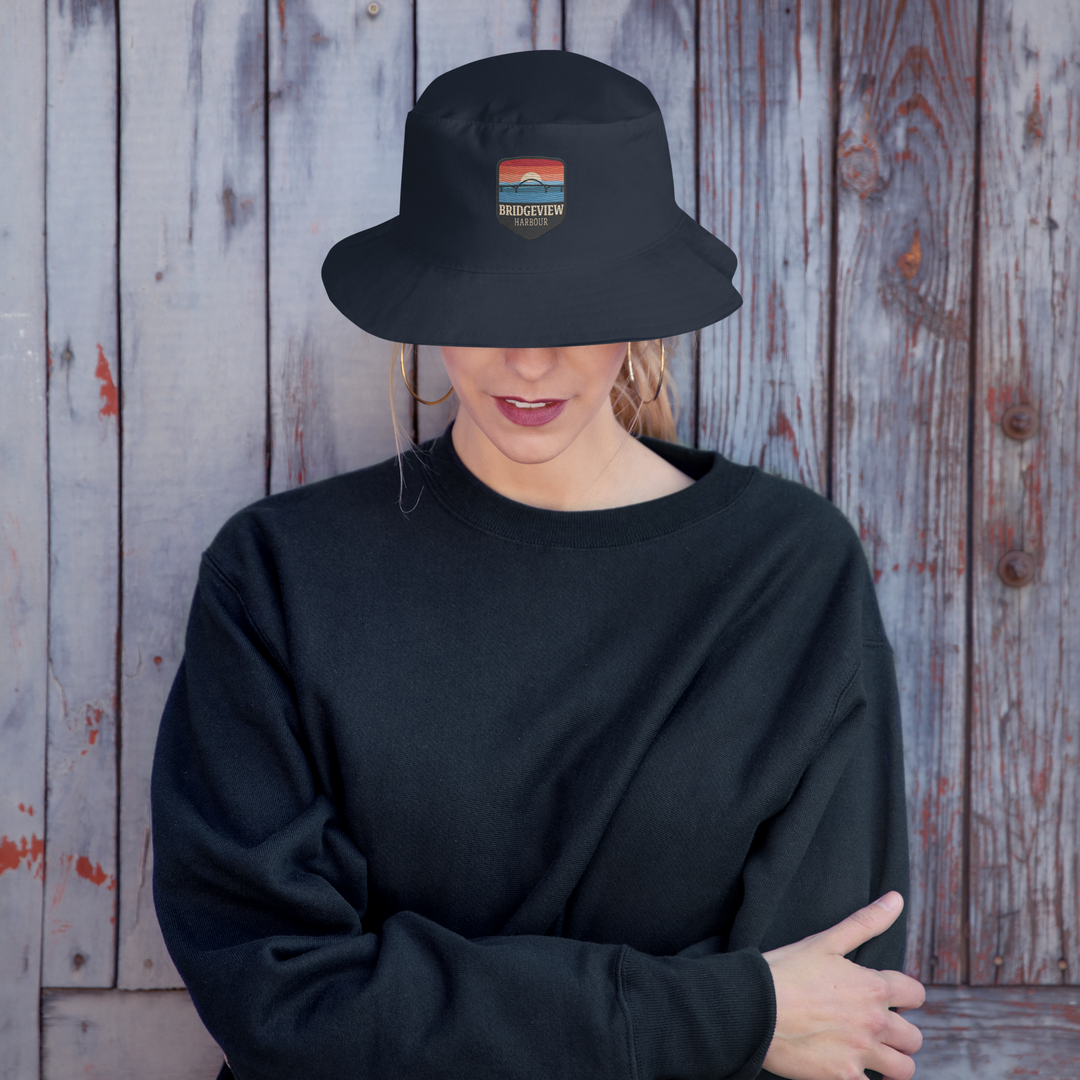 Black embroidered bucket hat featuring BVH logo, casual apparel from Bridgeview Harbour Marina.