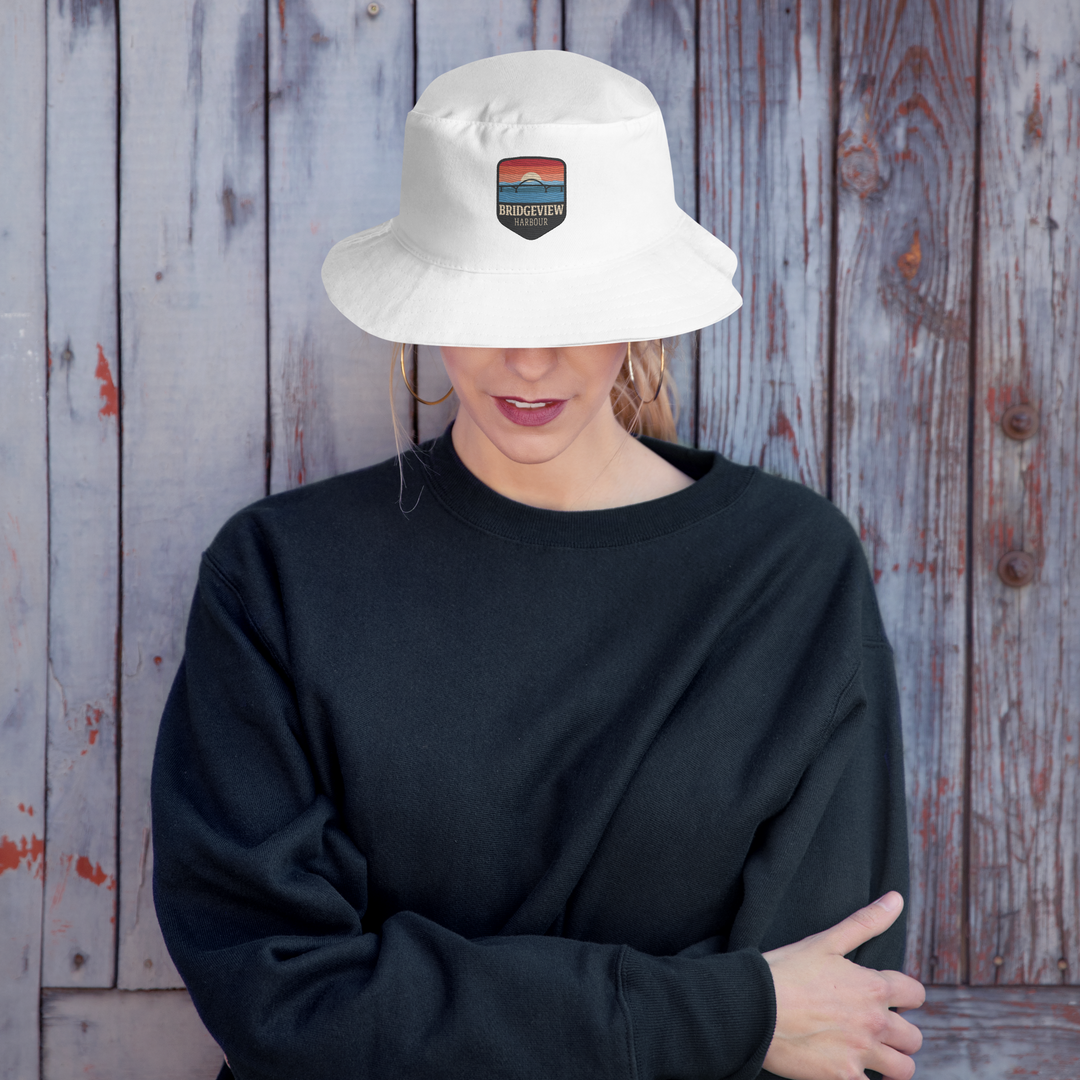 Black Bridgeview Harbour Marina BVH logo embroidered bucket hat, casual apparel accessory with detailed stitching.
