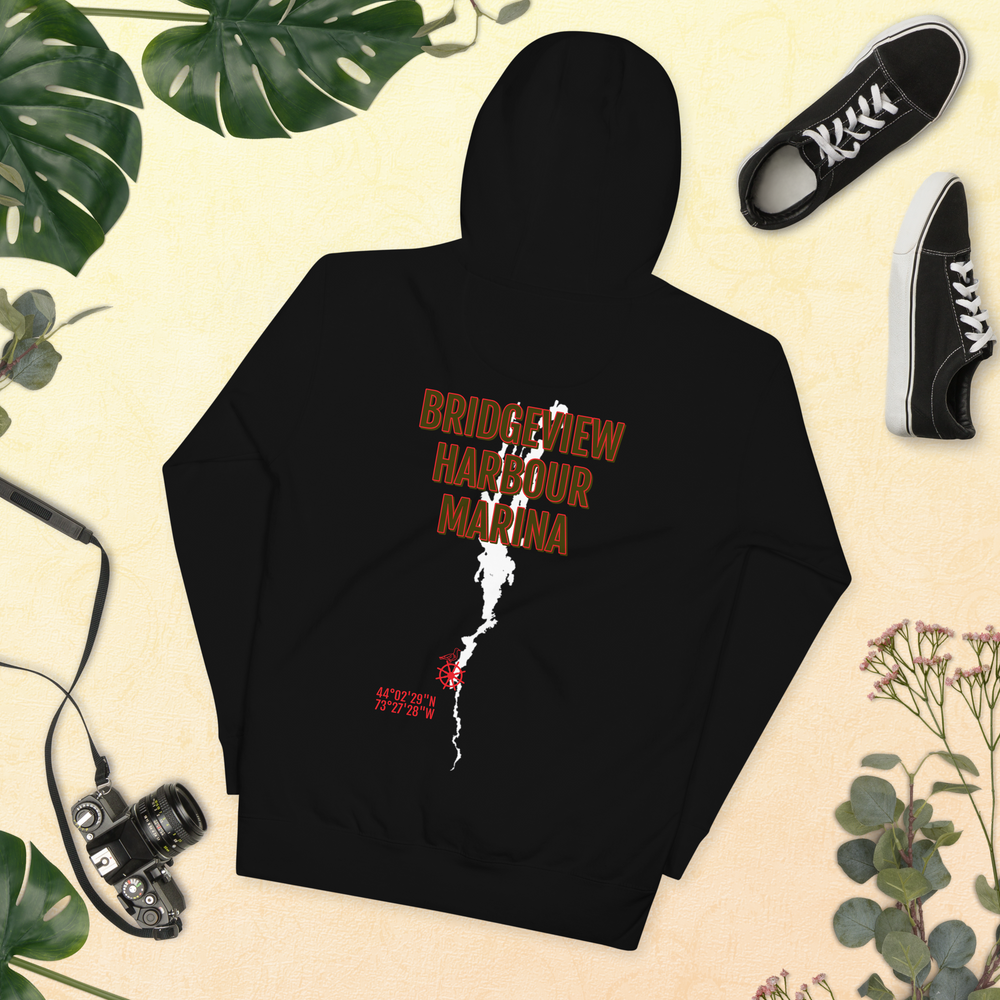 Black Bridgeview Harbour Midweight Hoodie from Bridgeview Harbour Marina, showing a cozy, casual apparel hoodie with logo detail.