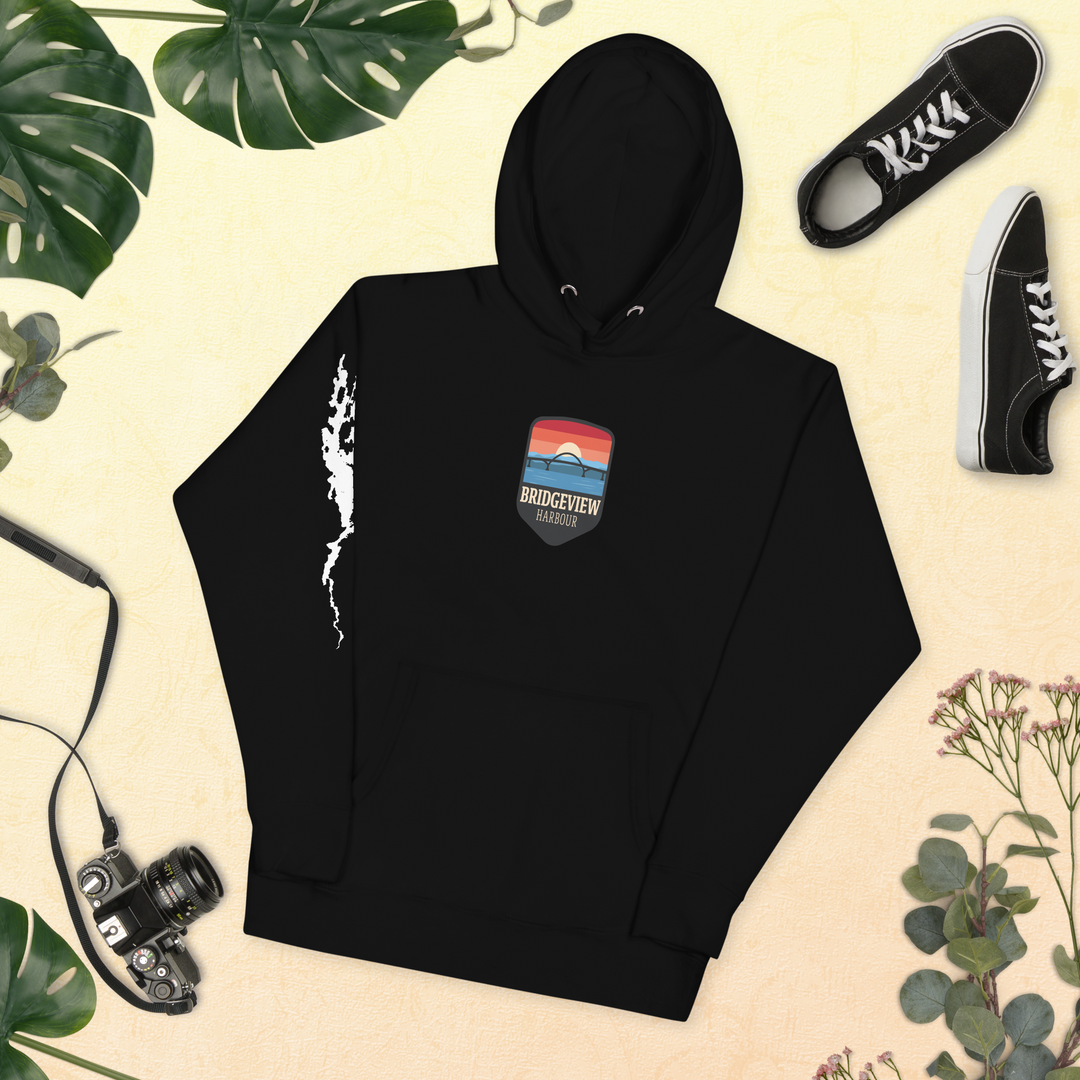 Black Bridgeview Harbour Midweight Hoodie, apparel, featuring the Bridgeview Harbour Marina logo, with a comfortable fit and casual style.