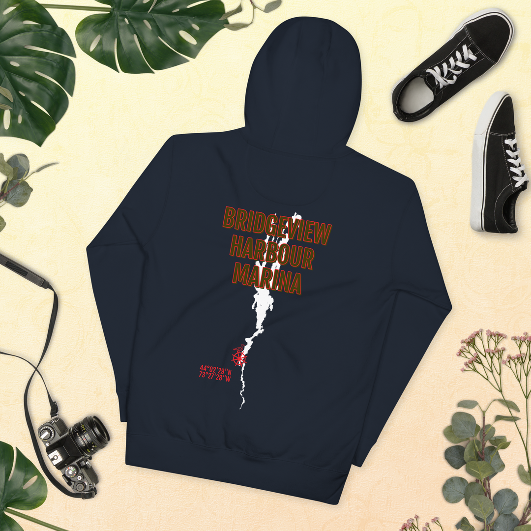 Black Bridgeview Harbour Midweight Hoodie, casual apparel with a comfortable fit and branded logo, displayed on a plain background.