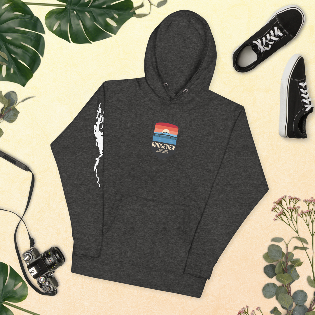 Black Bridgeview Harbour Marina midweight hoodie with adjustable drawstrings and logo patch on front, casual apparel for men and women.