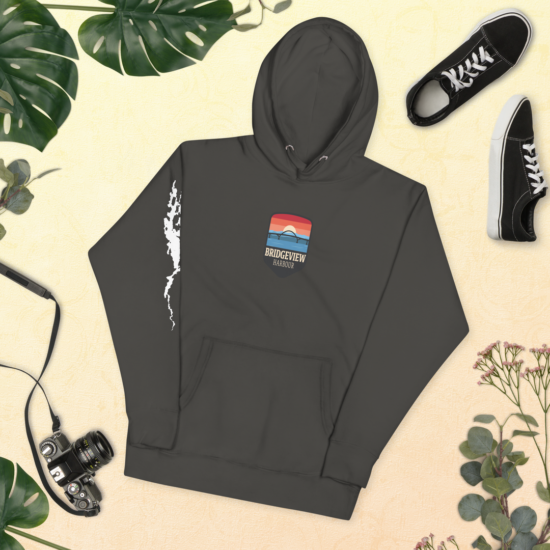 Black Bridgeview Harbour Midweight Hoodie from Bridgeview Harbour Marina, casual apparel with a comfortable fit and logo detail.