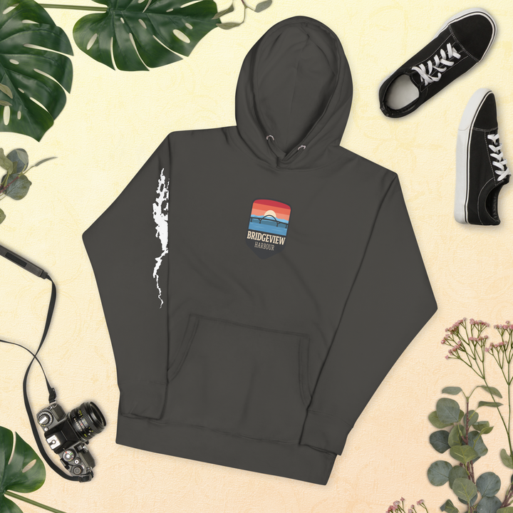 Black Bridgeview Harbour Midweight Hoodie from Bridgeview Harbour Marina, casual apparel with a comfortable fit and logo detail.