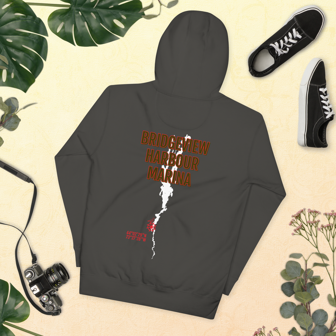 Black Bridgeview Harbour Midweight Hoodie, a casual apparel item from Bridgeview Harbour Marina, displayed on a plain background.