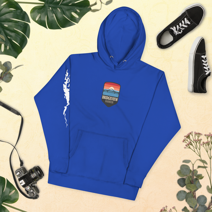 Bridgeview Harbour Midweight Hoodie in black, casual apparel with logo, designed for comfort and style.