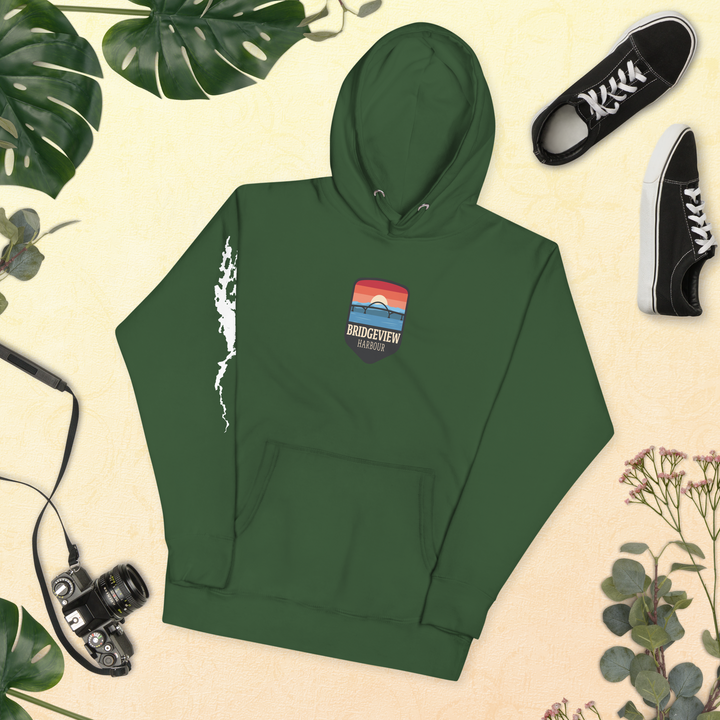 Black Bridgeview Harbour Midweight Hoodie, casual apparel with front pocket and drawstrings, branded by Bridgeview Harbour Marina.