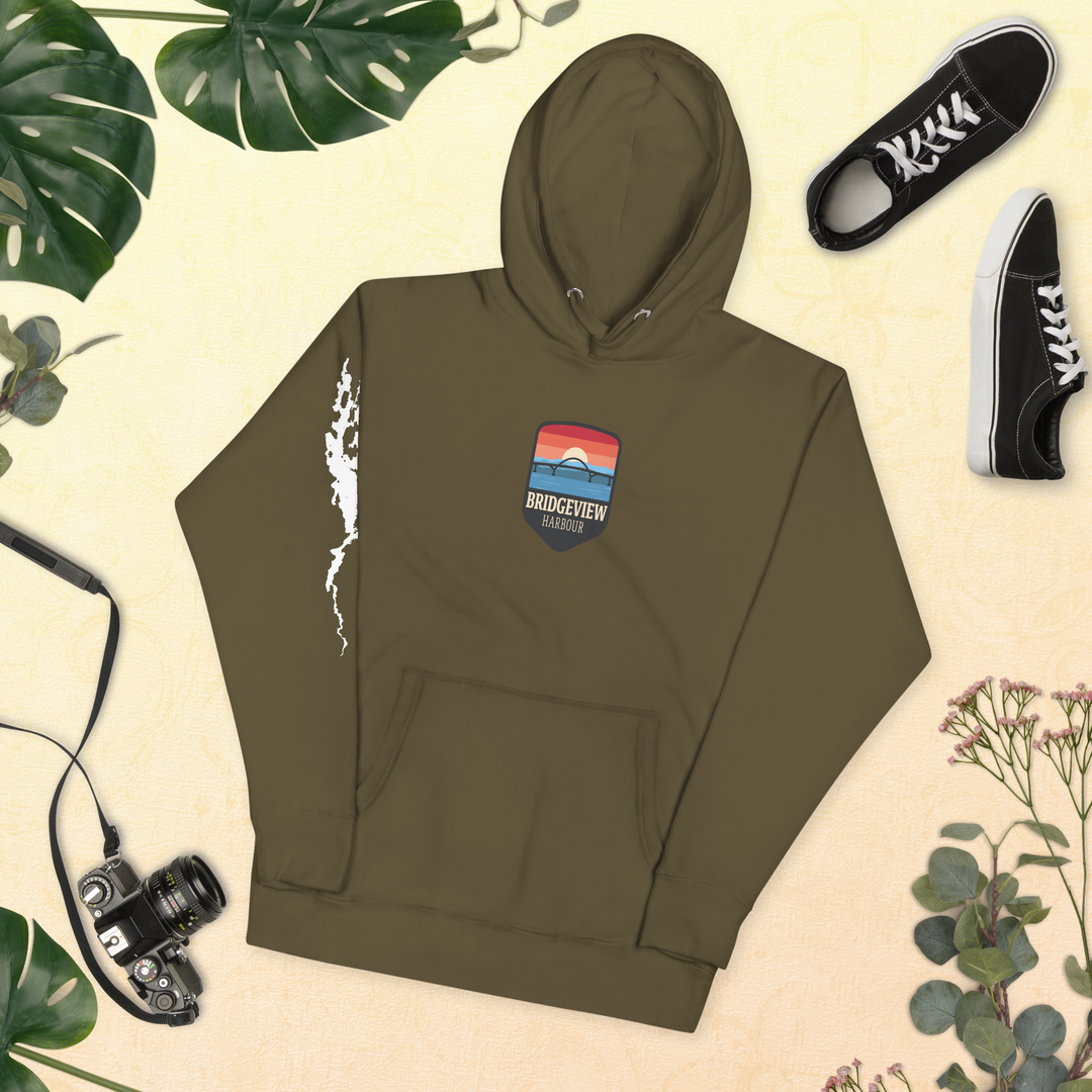Black Bridgeview Harbour Midweight Hoodie, a comfortable apparel piece with a casual fit, featuring the Bridgeview Harbour Marina branding.