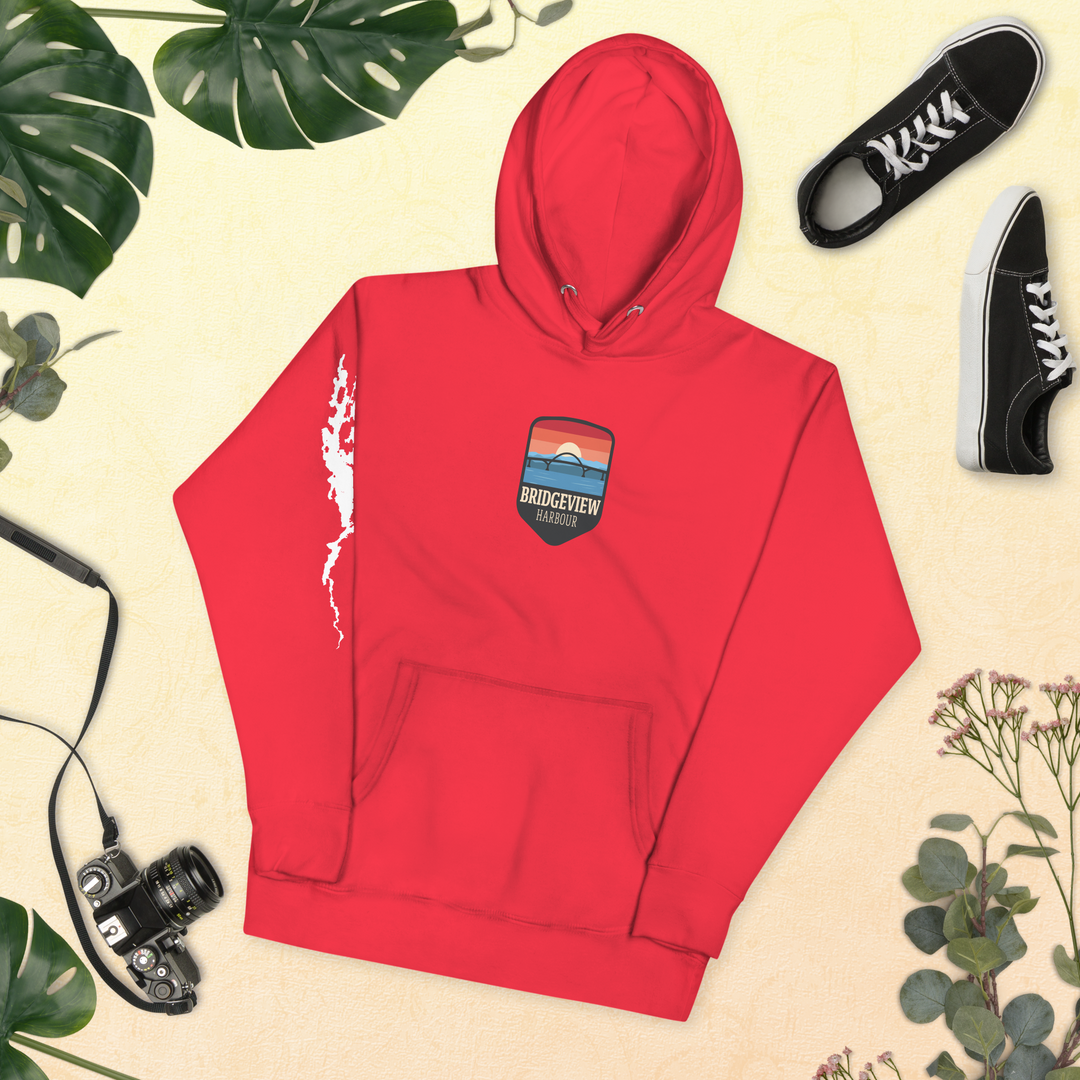 Black Bridgeview Harbour Midweight Hoodie, casual apparel with a comfortable fit, featuring the Bridgeview Harbour Marina logo.