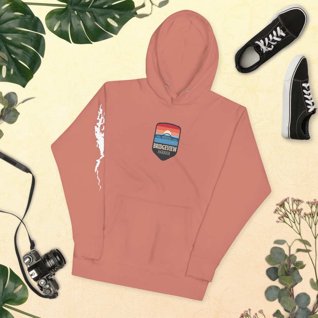 Black Bridgeview Harbour Midweight Hoodie, casual apparel with a comfortable fit, featuring the Bridgeview Harbour Marina logo.