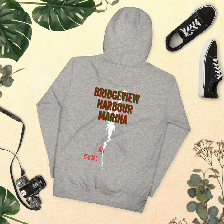 Black Bridgeview Harbour Midweight Hoodie from Bridgeview Harbour Marina, featuring a comfortable, casual apparel design.
