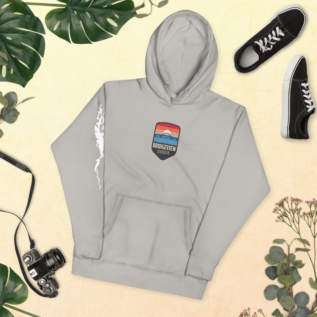 Black Bridgeview Harbour Midweight Hoodie, casual apparel with a comfortable fit, featuring the Bridgeview Harbour Marina logo.