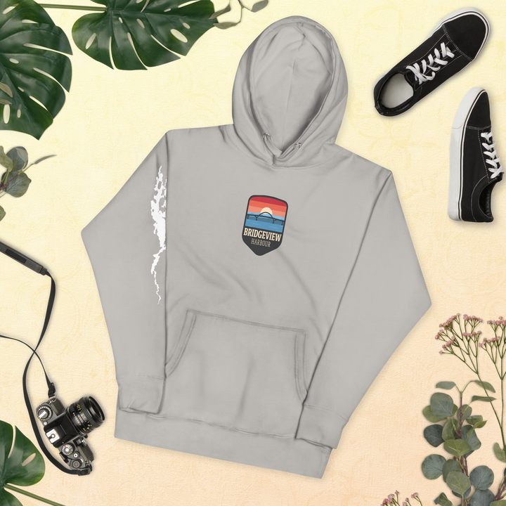 Black Bridgeview Harbour Midweight Hoodie, casual apparel with a comfortable fit, featuring the Bridgeview Harbour Marina logo.