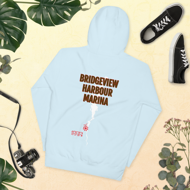 Black Bridgeview Harbour Midweight Hoodie, casual apparel with front pocket and drawstrings, from Bridgeview Harbour Marina.