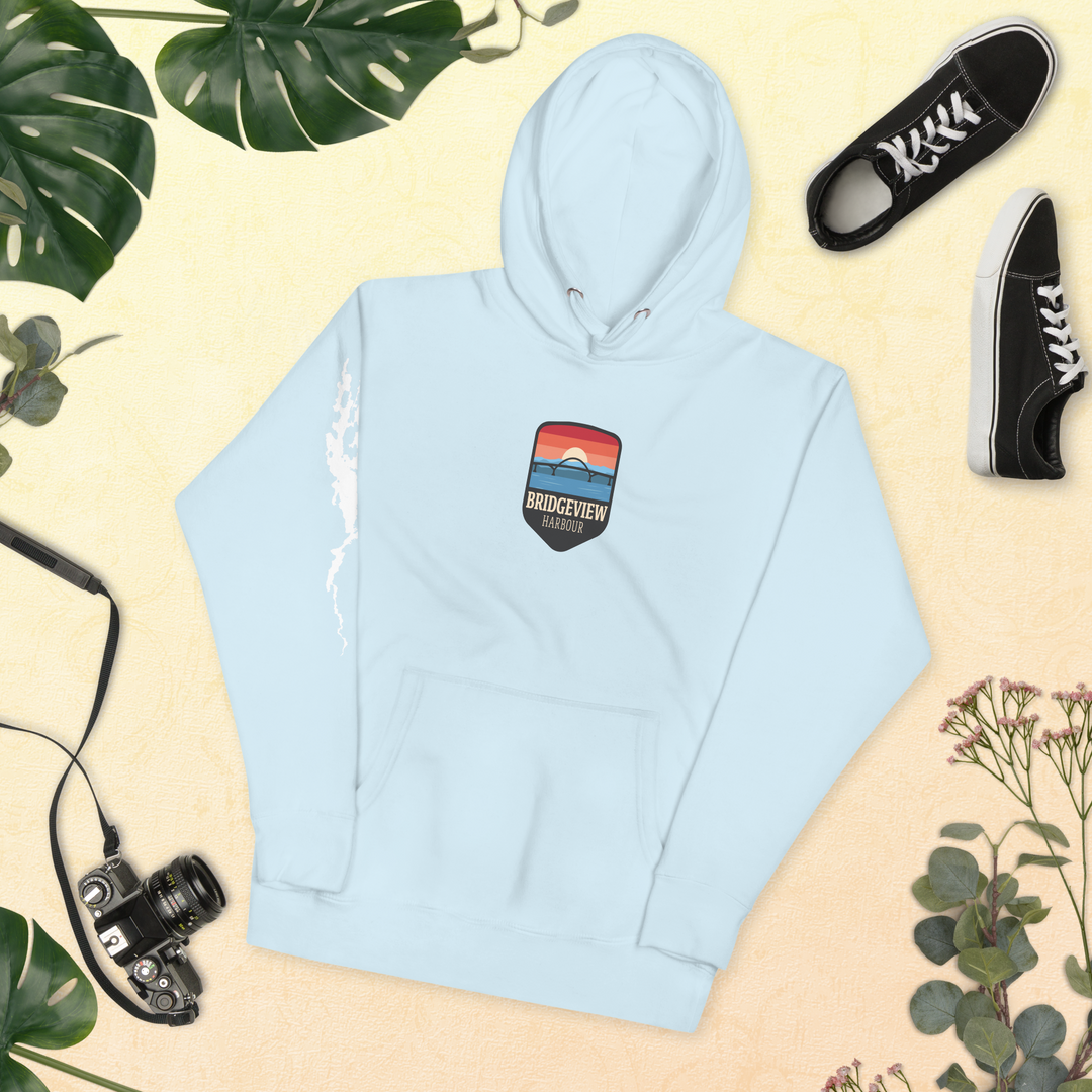 Black Bridgeview Harbour Midweight Hoodie from Bridgeview Harbour Marina, featuring a comfortable, casual apparel design.