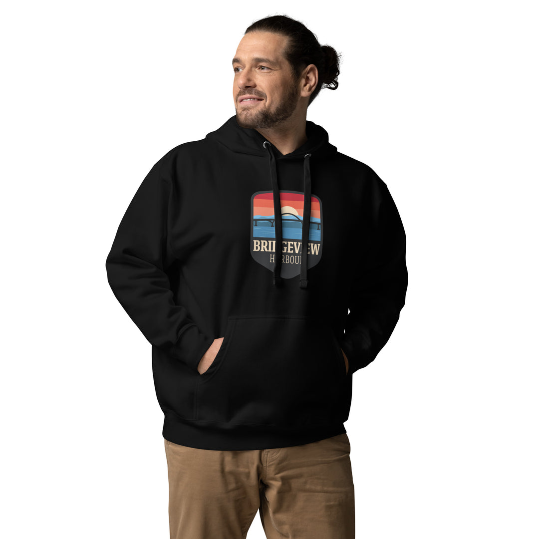 Black Bridgeview Harbour Midweight Hoodie from Bridgeview Harbour Marina, featuring a comfortable, casual apparel design.