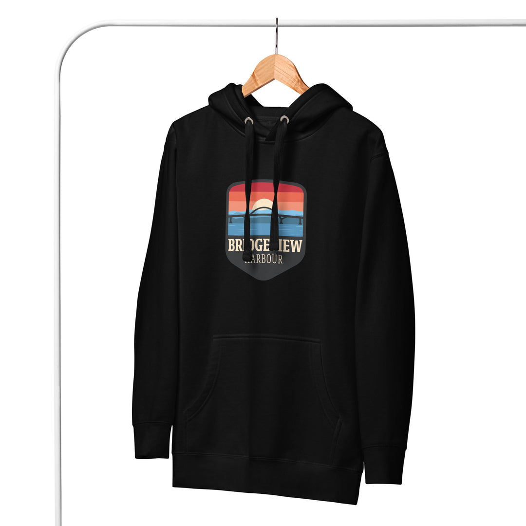 Black Bridgeview Harbour Marina midweight hoodie, casual apparel with front pocket and drawstrings, suitable for cool weather.