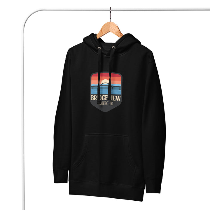 Black Bridgeview Harbour Marina midweight hoodie, casual apparel with front pocket and drawstrings, suitable for cool weather.
