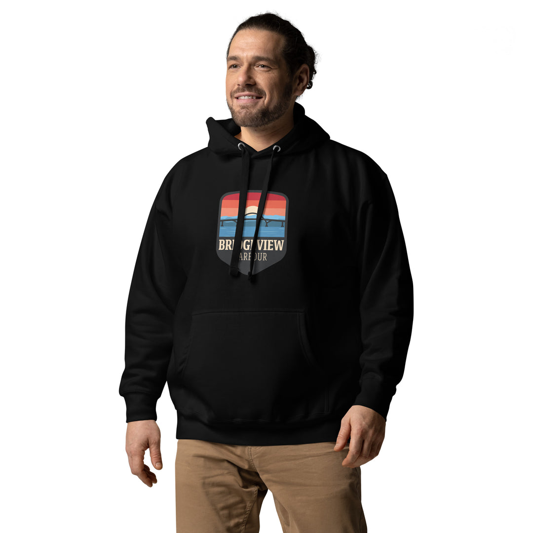 Bridgeview Harbour Marina black midweight hoodie, casual apparel with logo detail, perfect for comfortable outdoor wear.