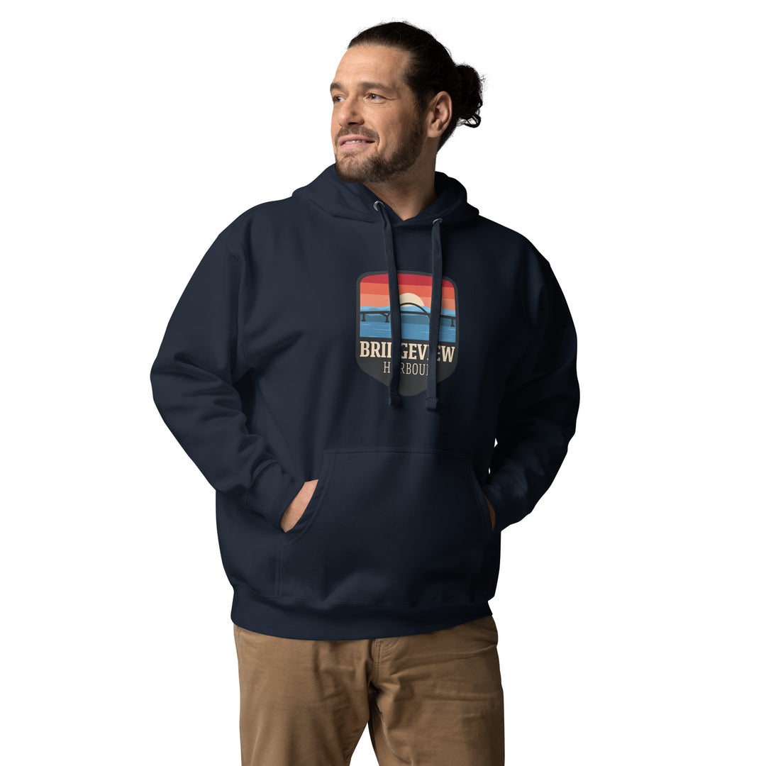 Black Bridgeview Harbour Midweight Hoodie from Bridgeview Harbour Marina, casual apparel with a comfortable fit and logo detail.